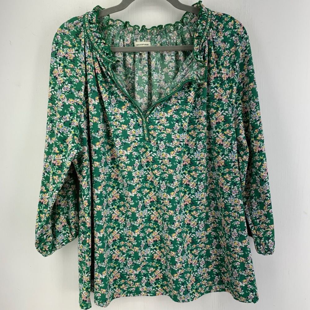 Max Studio Floral Ruffle Neck 3/4 Sleeve Blouse Top 1X Cottage Ditsy Prairie